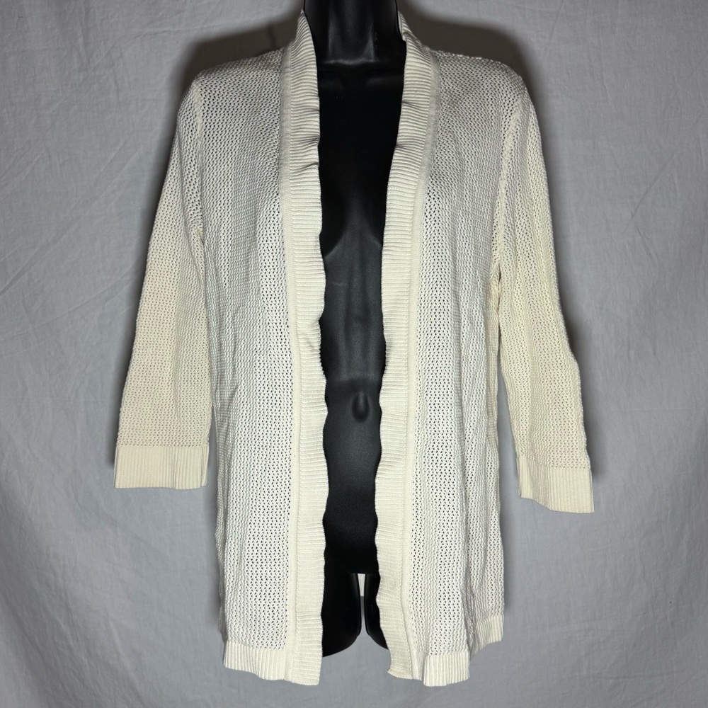 Talbots Womens Ivory Cotton Pointelle Crochet Open Front Cardigan Sweater Size M